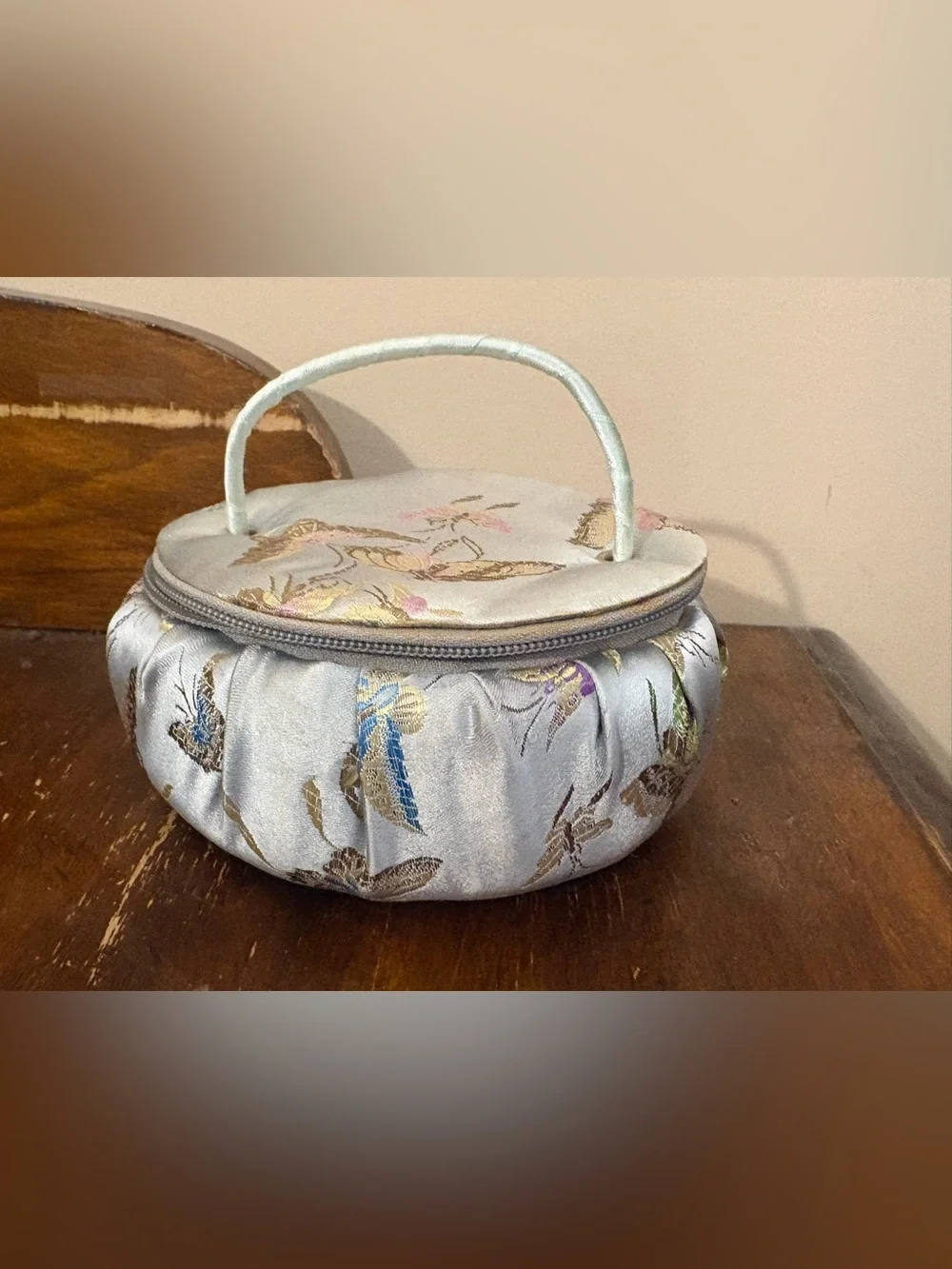 Vintage Round Top-Handle Bag Case in Light Silver Blue makeup jewelry